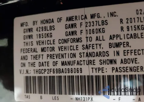 2011 Honda Accord 2.4 Se from USA, damaged, VIN 1HGCP2F69BA098069